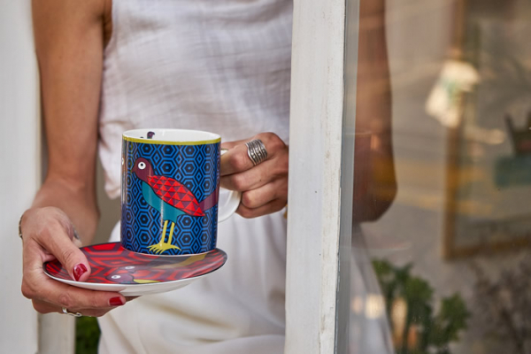 Images d'Orient coffee mug set with 4 mugs, saucers and gift box, Birds of Paradise, 210 ml, colourful, item no. POR313221